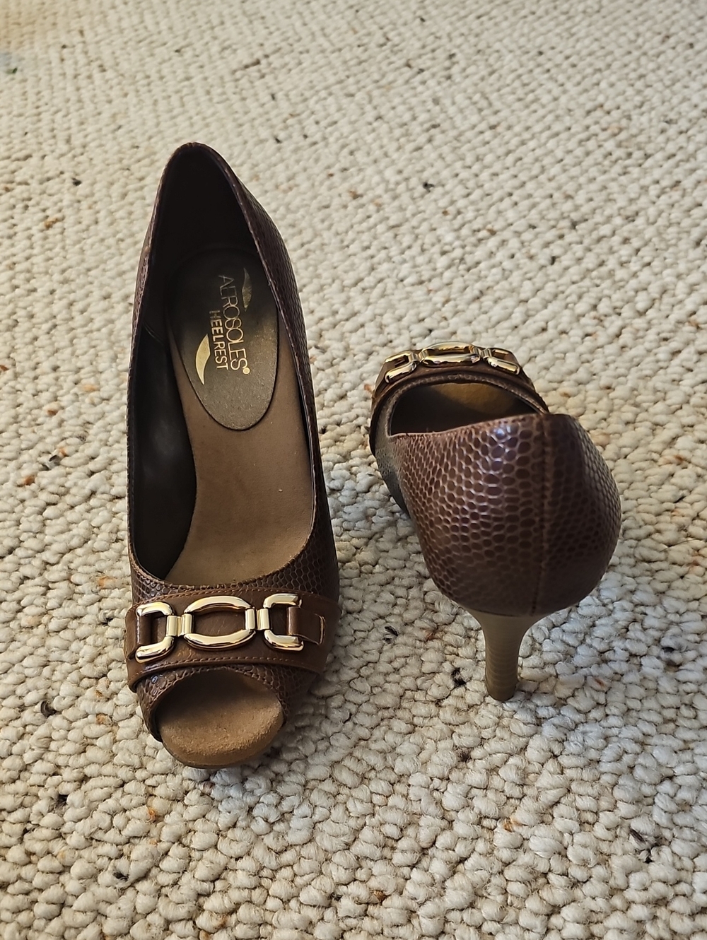 AEROSOLES Brown Peep-Toe Heels with Gold Chain Accent